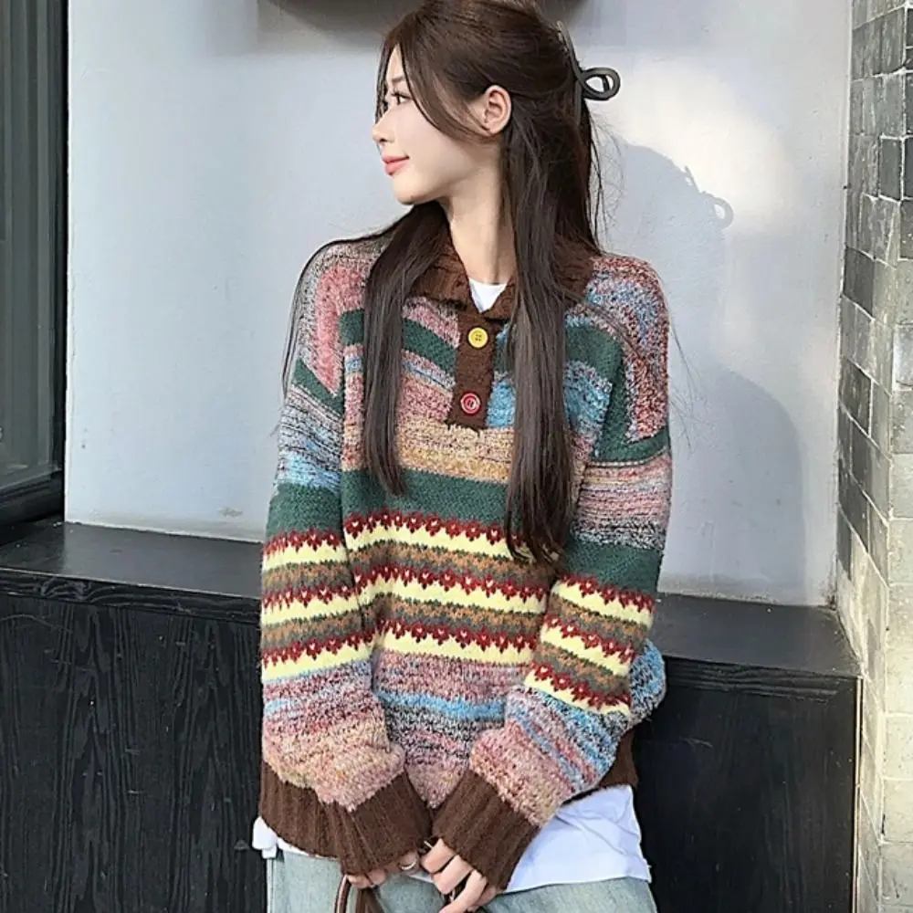 

Simple Long Sleeve Knit Sweater Women Soft Sweet Colorfult Crochet Knitwear Retro Loose Sweet Girl's Pullover Spring/Winter