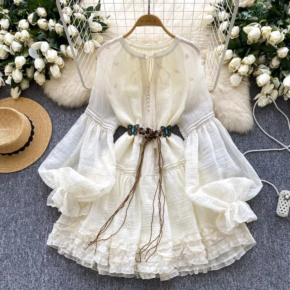 Sweet Embroidered O-neck Lace-up Vintage Lantern Long Sleeves Ruffle Slim Ball Gown Dresses French Vacation High Street Clothing