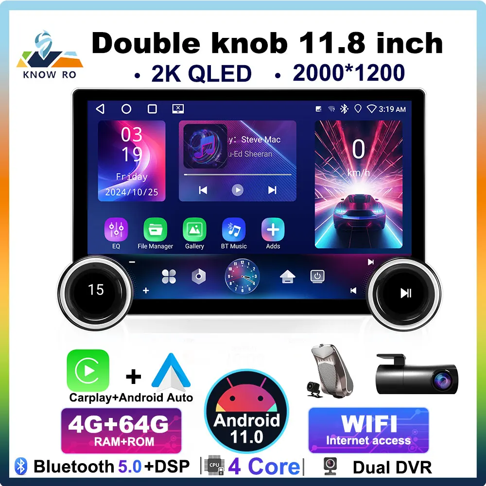 KNOWRO 2Din 11.8” 2K Android 11 Car Universal Multimedia Player with Android Auto GPS Navigation Carplay BT Double Knob