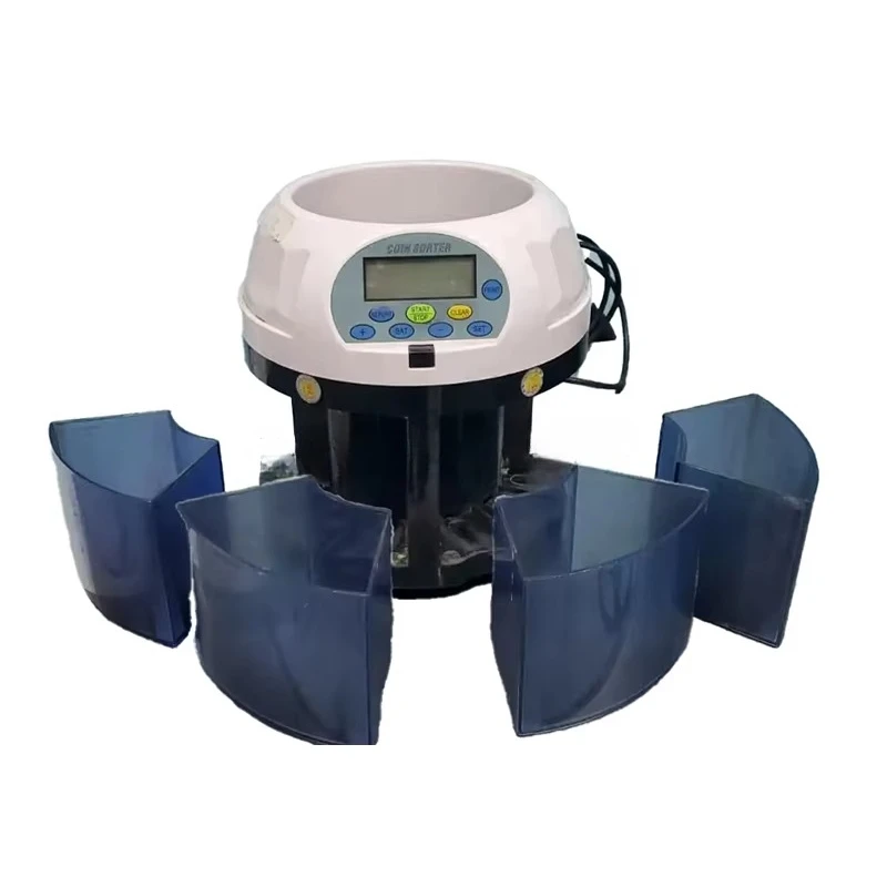 A high-speed coin counting and sorting machine capable of processing 650 coins per minute with an LCD display