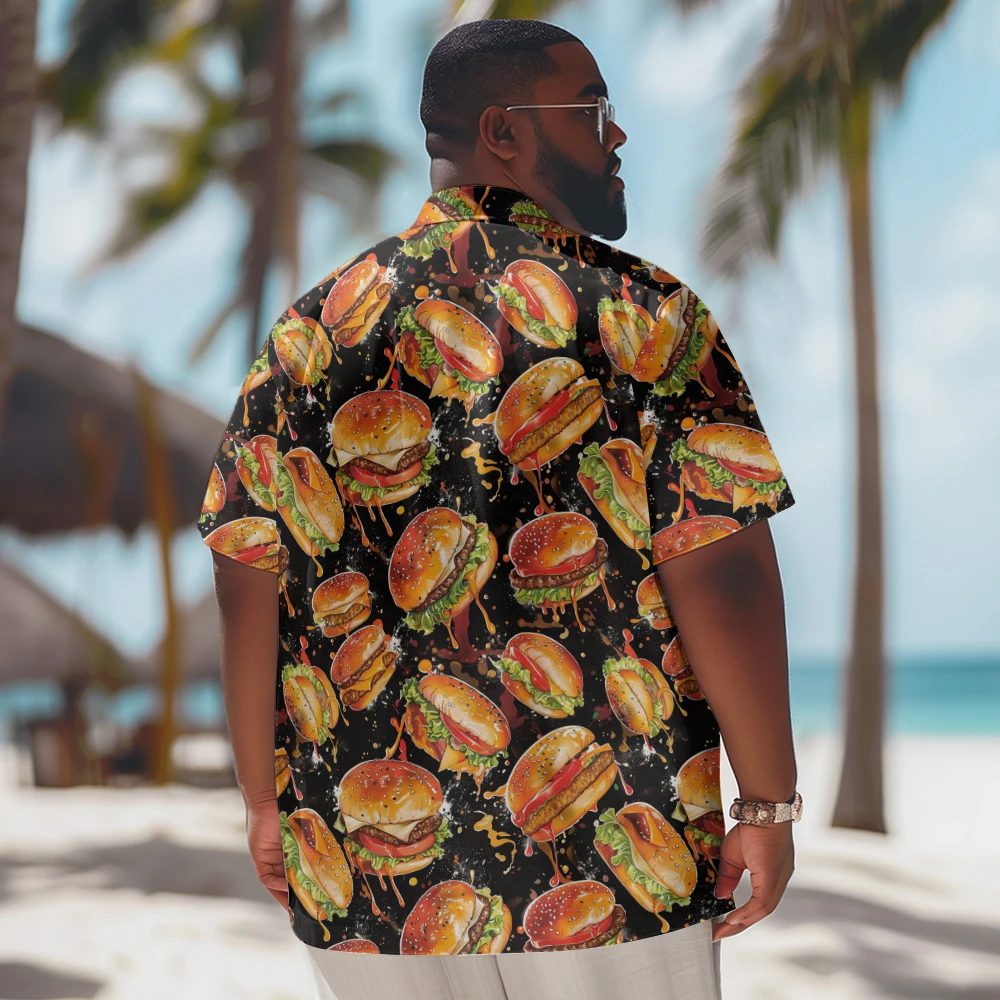 New Hawaiian Shirt Men Goth Men Cartoon Burger Printed Casual Short Sleeve Tops Vintage Plus Size Summer Shirts