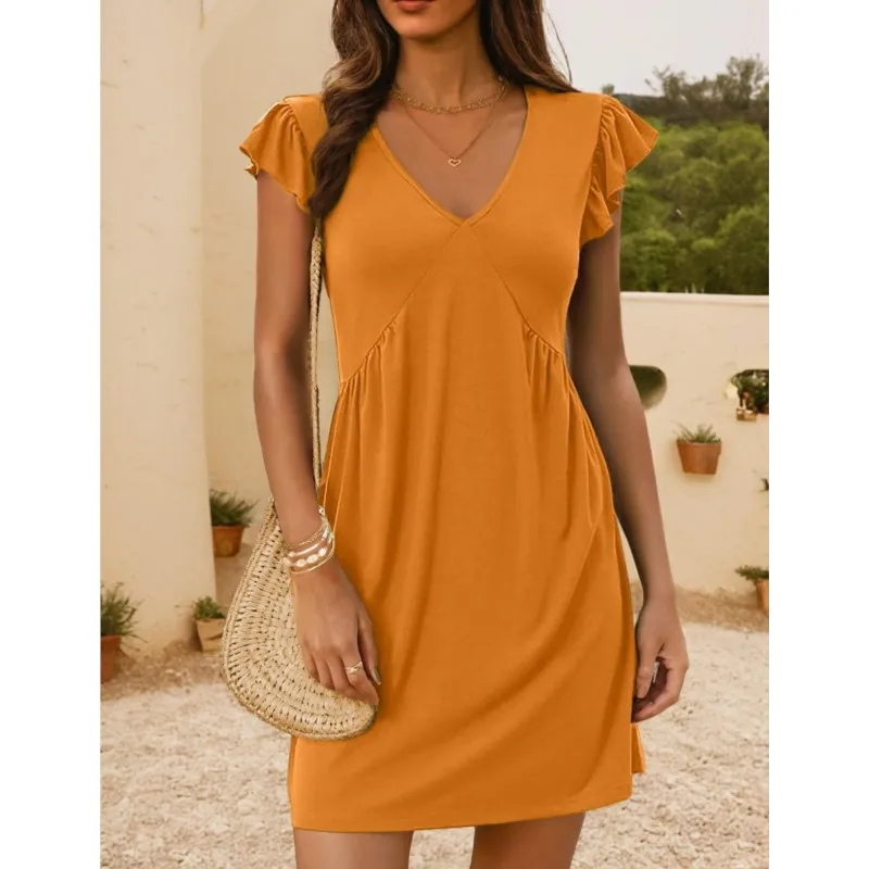 Casual Dresses For Ladies Dress 2026 Woman Vestidos Solid Color Slim V-link Simple Style Lotus Leaf Sleeves Comfortable Homewear