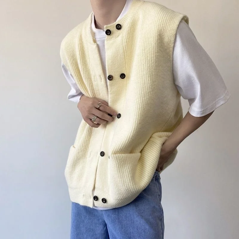 Autumn Spring Korean Trend Double Breasted Cardigan Sweater Vest Round Neck Men's Fashion Knitted Sweatercpat 2A0740