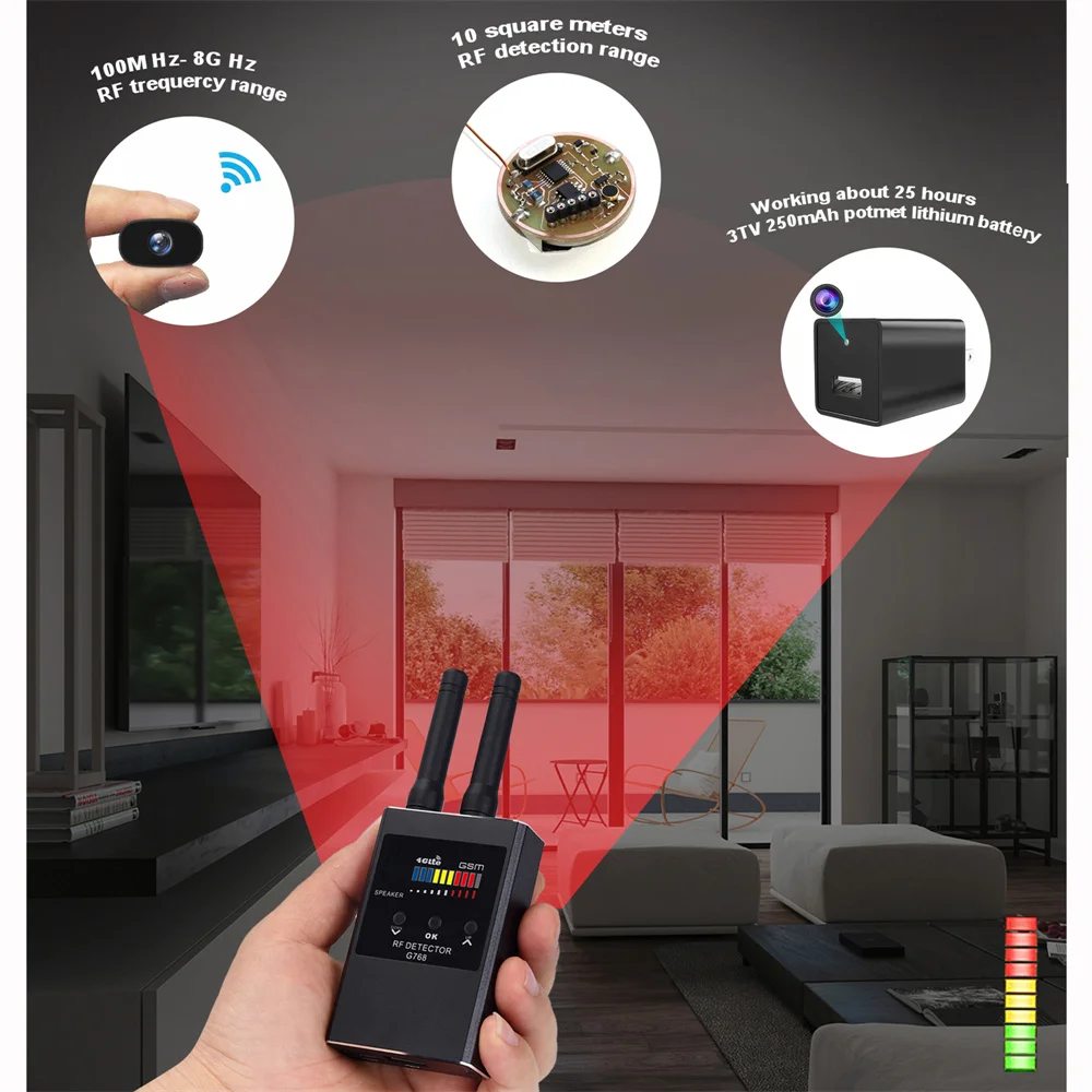 Professional Wireless RF Signal Detector Bug GSM Listening Device Finder GPS Tracker Hidden Camera Finder Automatic Scanner G768