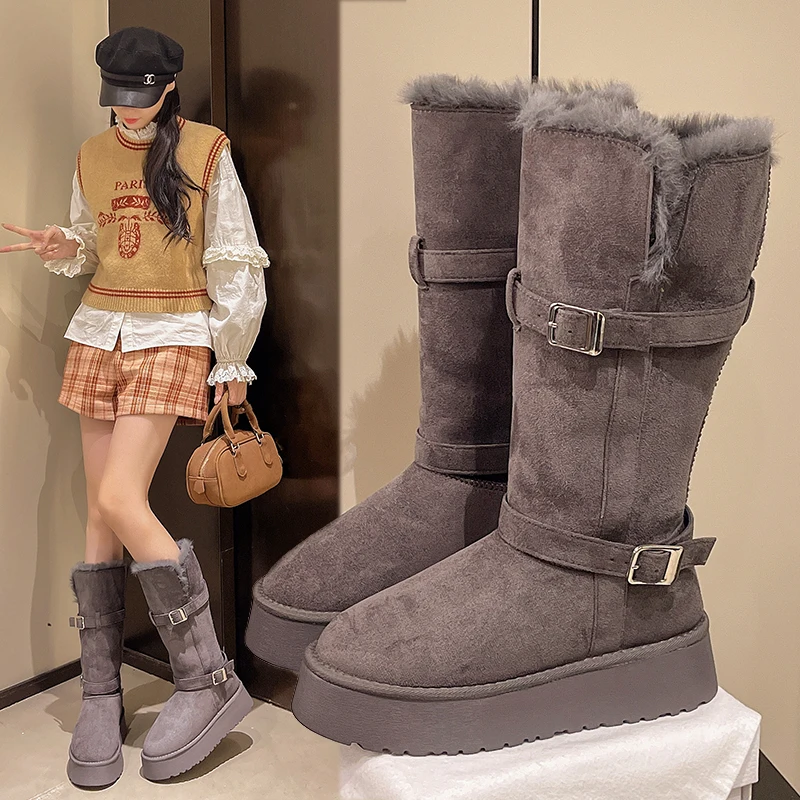 

Женские зимние ботинки Thi Bot, новые зимние ботинки на подкладке, теплые длинные ботинки с поясом, увеличивающие меховые ботинки небольшого размера