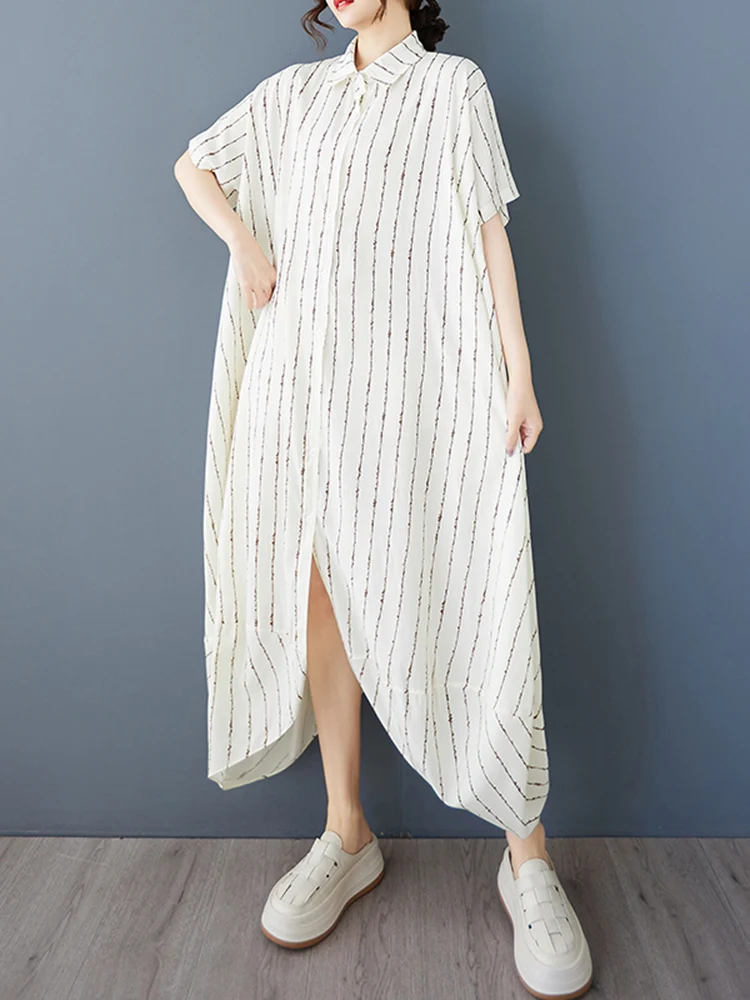 Abiti camicia oversize vintage a righe irregolari per le donne Estate nuova manica corta allentata abito lungo casual abbigliamento elegante 2025