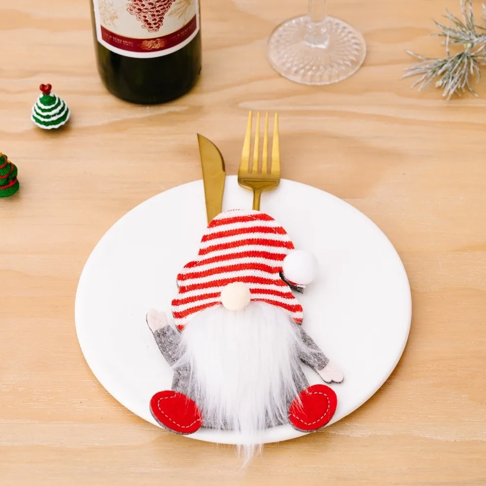 Three Faceless Elderly Christmas Tableware Storage Bag Santa Claus Felt Material Tableware Storage Device Red Color Combination
