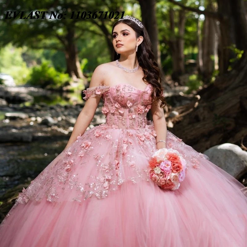 EVLAST Mexican Pink Quinceanera Dress Ball Gown 3D Floral Applique Beading Diamonds Corset Sweet 16 Vestidos De XV 15 Anos SQ146