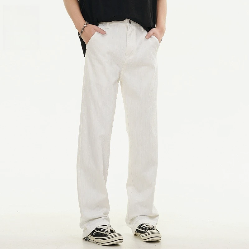 좋은 품질 남성 캐주얼 바지 여름 패션 솔리드 컬러 질감 간단한 기본 스트레이트 바지 바이브 스타일 빈티지 streetwear