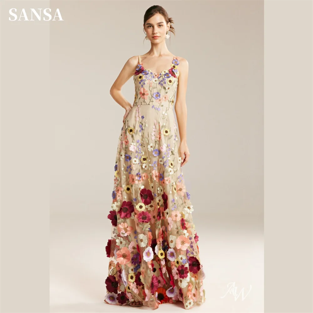 Sansa-Vestido feminino de tule floral 3D, vestido de baile, alça de espaguete, bordado em renda, vestido de noite, 2024