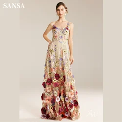 Sansa 3D Flower A-line Prom Dress Sweet Spaghetti Strap Vestidos De Fiesta Lace Embroidery Tulle Evening Dress 2024