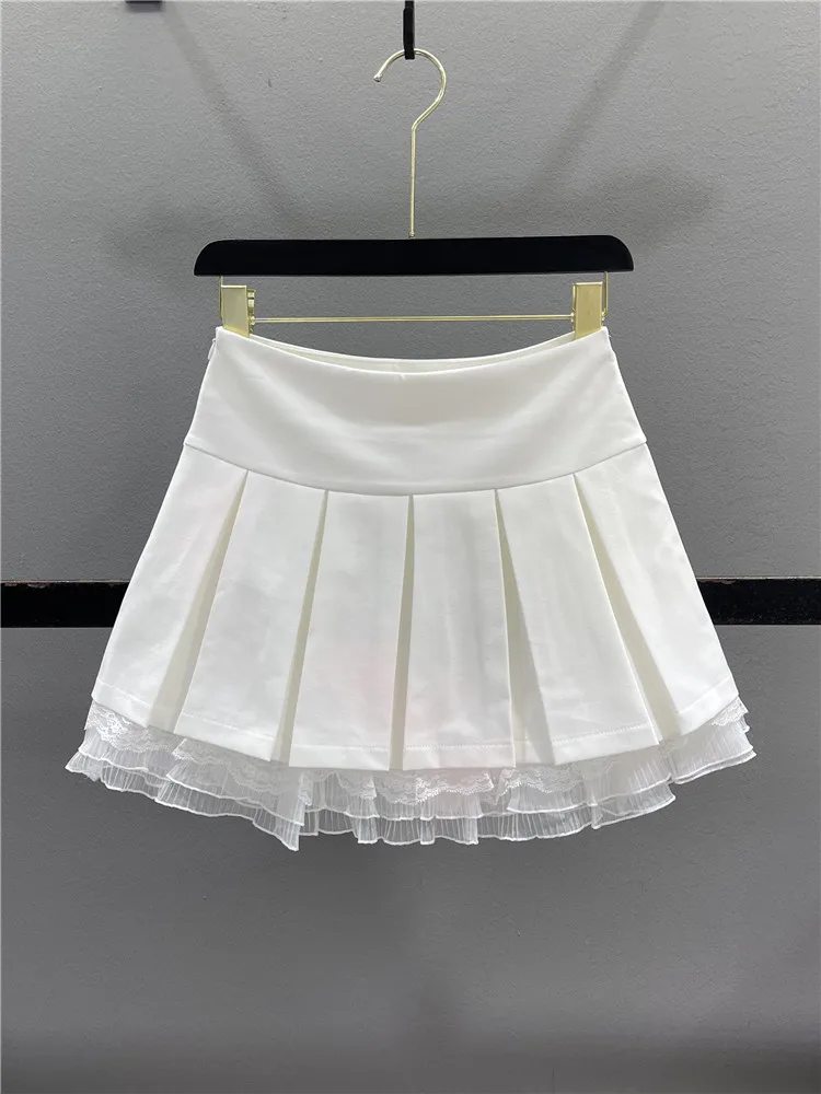 Sweet Lace Trim Pleated A-Line  Skirt Women's High Waist Slimming Summer New Style Anti-static Casual Cotton Blend Skirt