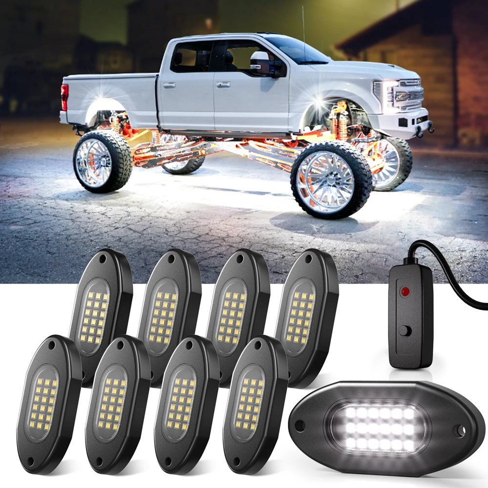 

LED Rock Lights Remote Control Off-Road Truck SUV ATV Jeep Underbody Trail Rig Chassis Lighting Underglow Pure White Lights