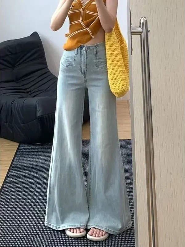 Light Blue High Waist Loose Fit Women's Jeans Elastic Micro Flared Pants Straight Leg Jeans Casual Comfortable Denim Trousers