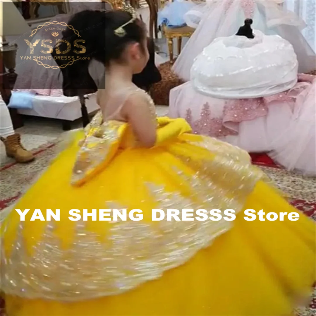 Gold Girls Princess Dress 2025 Tulle Tiered Flower Girl Dress Toddlers Beaded Lace Pageant Dress Customized Birthday Party Gowns