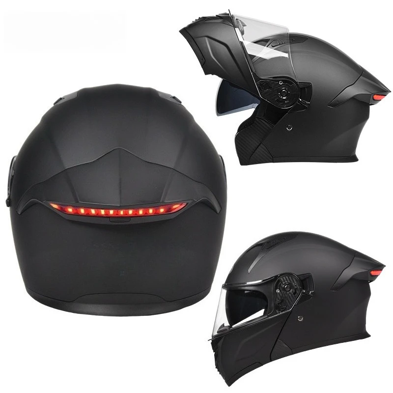 Motorcycle Flip Up Helmet with LED Rear Tail Light Unisex Men Women All Season Motorbike Riding Modular Safety Protective Helmet