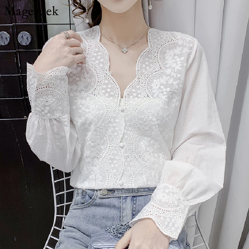 Women Embroidered Elegant White Lace Blouse V-neck Vintage Woman Shirt Wavy Cut Long Sleeve Office Lady Tops Blusas 17381