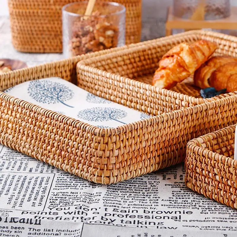 Hand-Woven Storage Basket Rattan Storage Tray Wicker Baskets Bread Fruit Food Breakfast Display Box Handicrafts Home Decoration