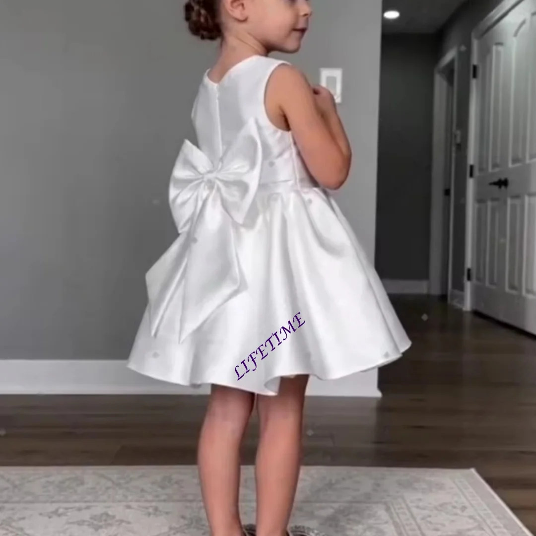 

CustomizedPink Sweet Satin Flower Girl Dress for Wedding A-Line Sleeveless Bow Mini Gown Girls Birthday First Communion Customiz
