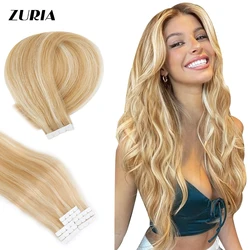 ZURIA 8/16PCS Mini Tape in Hair Extensions Human Hair Balayage Blonde Hair Invisible Skin Weft Adhesive Non-Remy Hair Tape ins