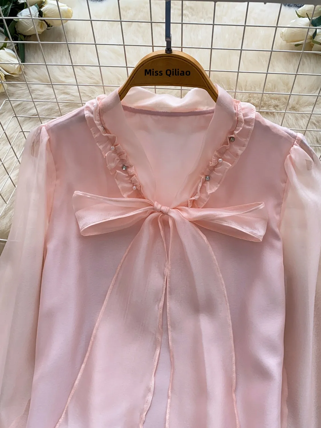 Sweet Knot V-neck Long Sleeve Loose Commute Shirt Women's Autumn Fashion Top Comfortable Breathable Polyester Fiber 2