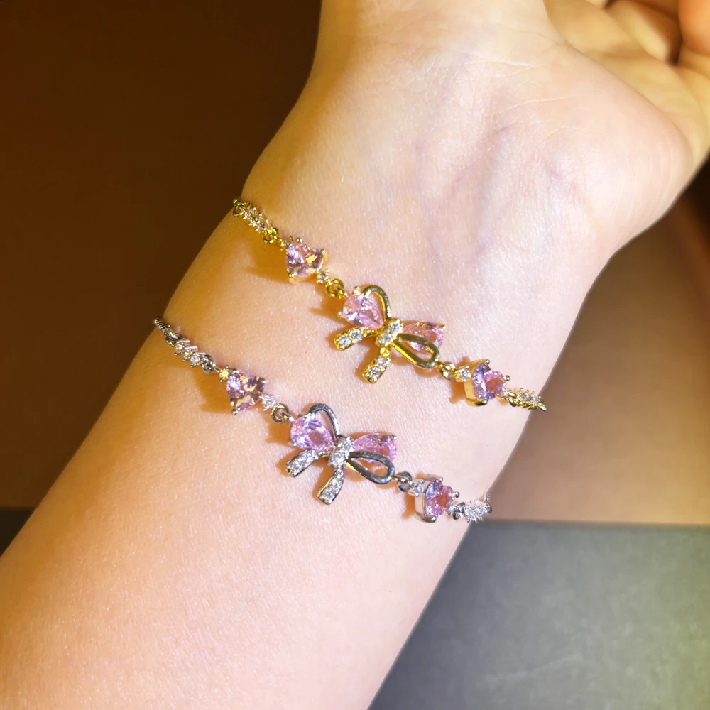Zarte Rosa AAA CZ Zirkon Inlay Nette Bowknot Charme Armbänder Für Frauen Gold Farbe Silber Farbe Kupfer Schmuck Femme Bijoux