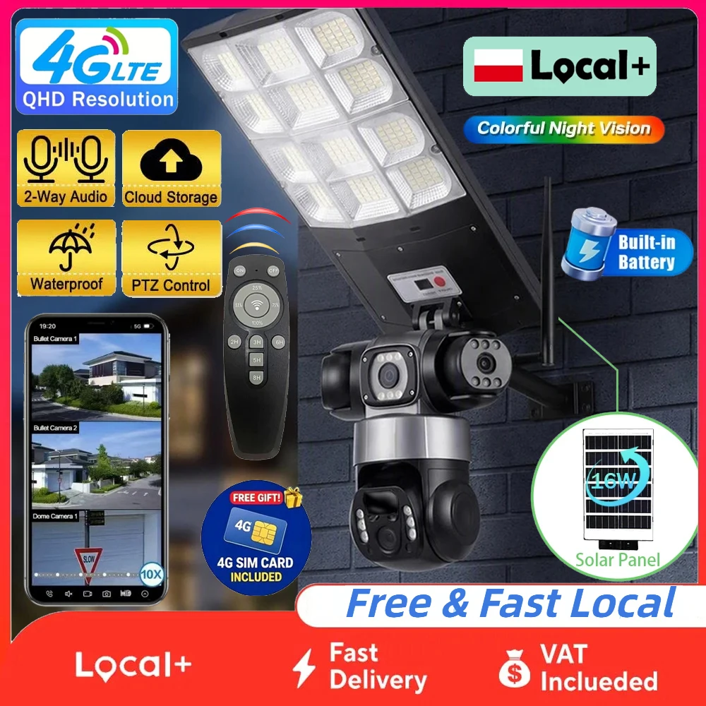 Telecamera per lampioni stradali con alimentazione solare e connettività 4G, 15MP, zoom 10x, tre obiettivi, registrazione, rilevamento umano tramite PIR, telecamera da esterno con controllo remoto,
