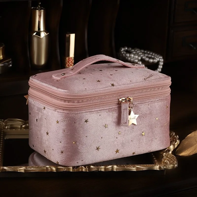 Large Capacity Portable Cosmetic Bag Hot Stamping Star Pattern High Quality Make Up Storage Bag Soft Velvet Women Toiletry Bag