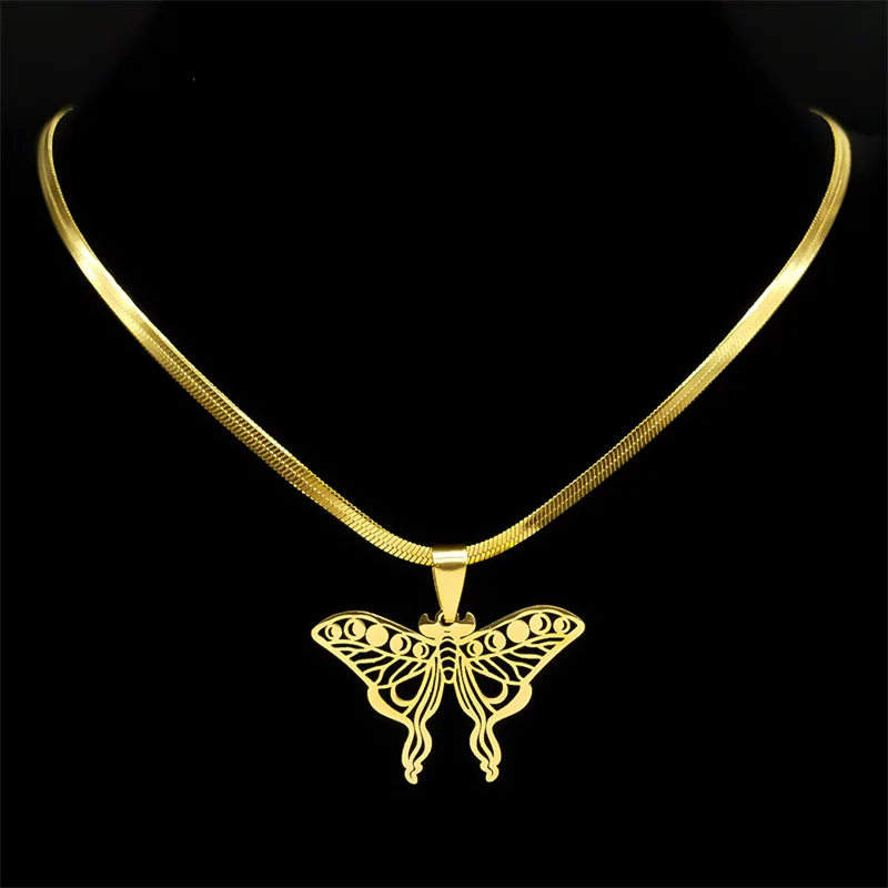 Witch Luna Moth Crescent Necklace for Women Men Stainless Steel Gothic Butterfly Insect Moon Phase Chain Jewelry colar 8024-QKC