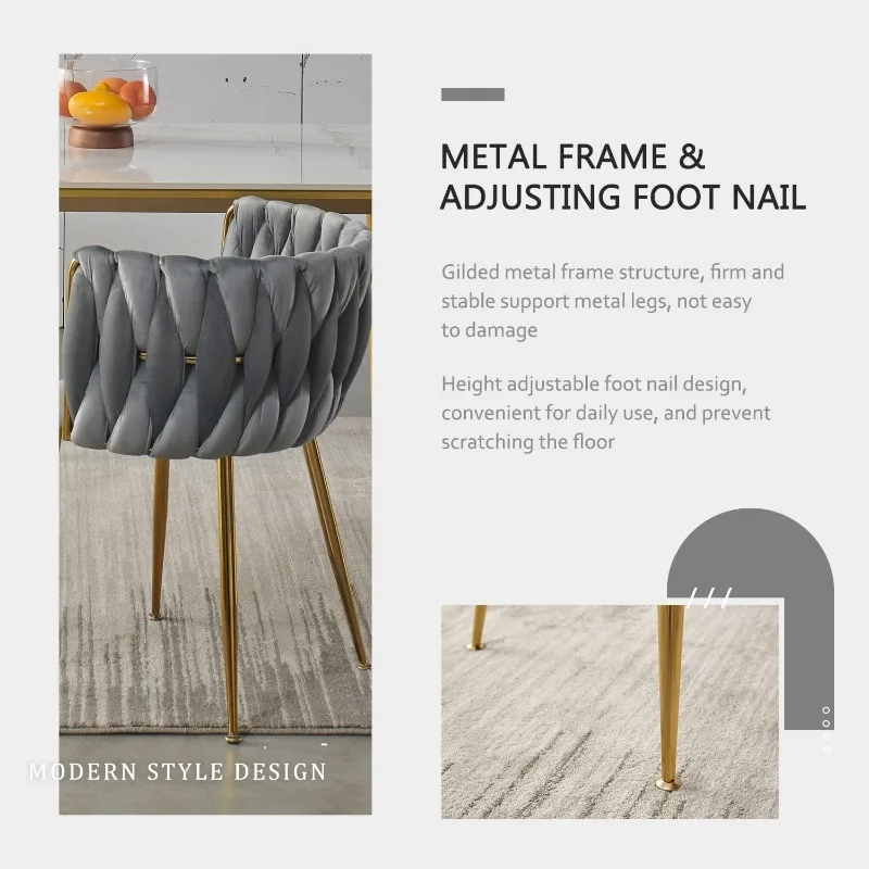 Velvet Dining Chairs Set of 4, Modern Upholstered Dining Room Chairs with Golden Metal Legs and Woven Backrest for Dining Room,