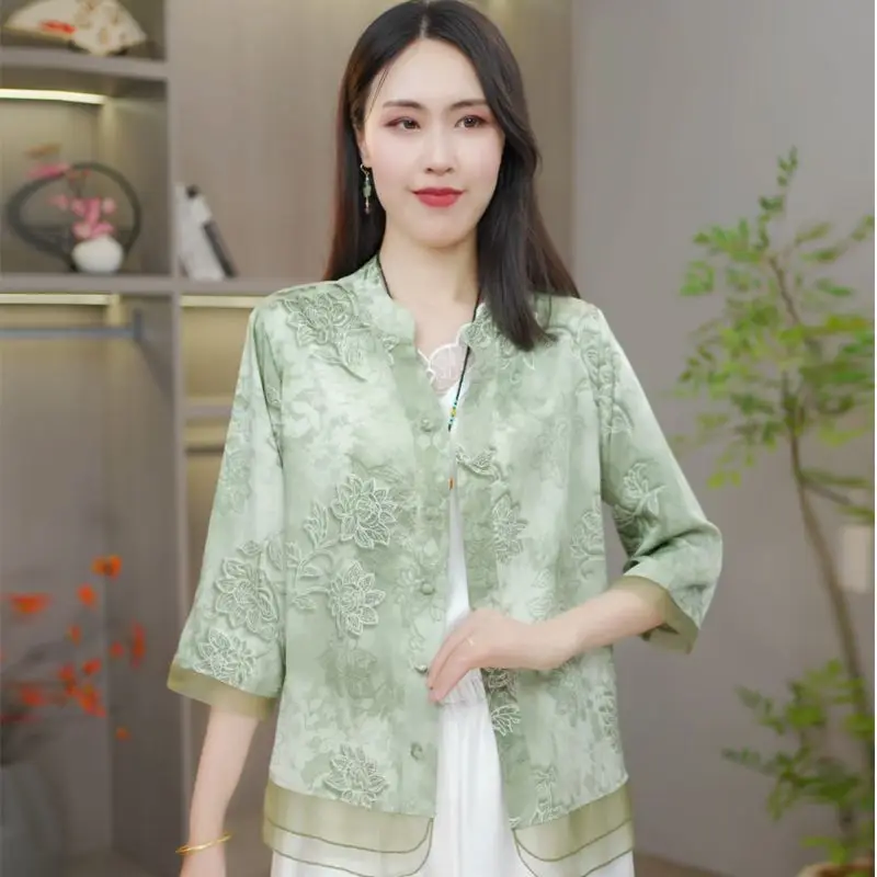 

New Chinese Style Mother's Summer Shirt 3/4 Sleeves High-End Cardigan Slim Fit Thin
