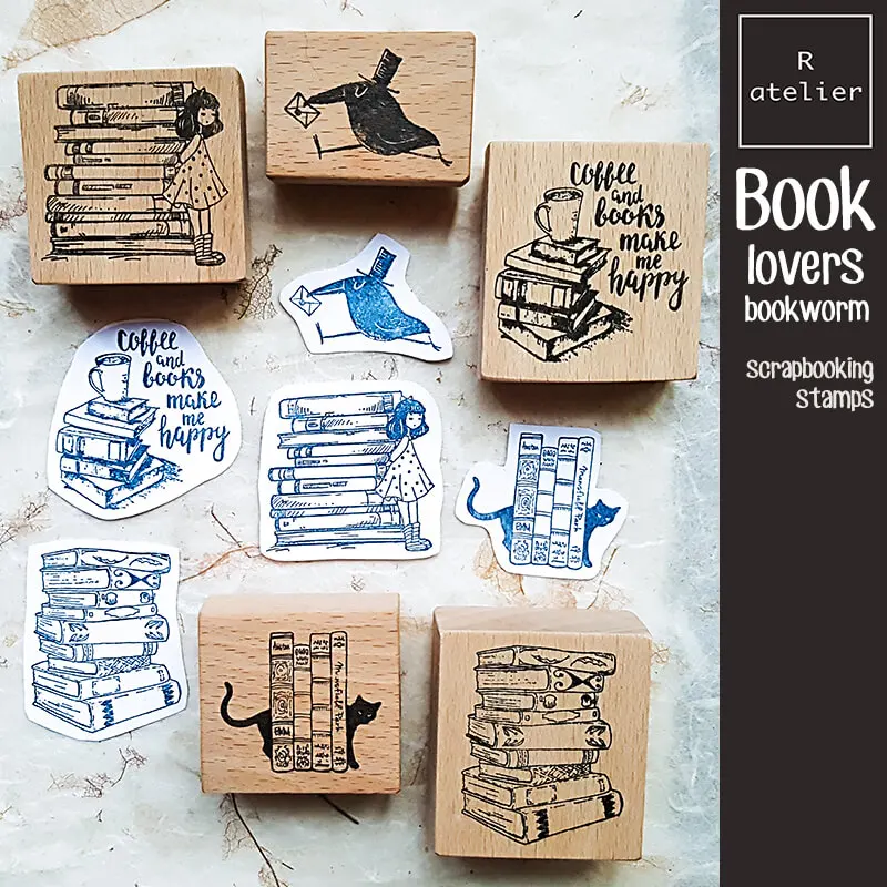 Stamp Cute Scrapbooking Book Lovers 5 Type Bookworm Girl Cat Journaling Wooden Stamps