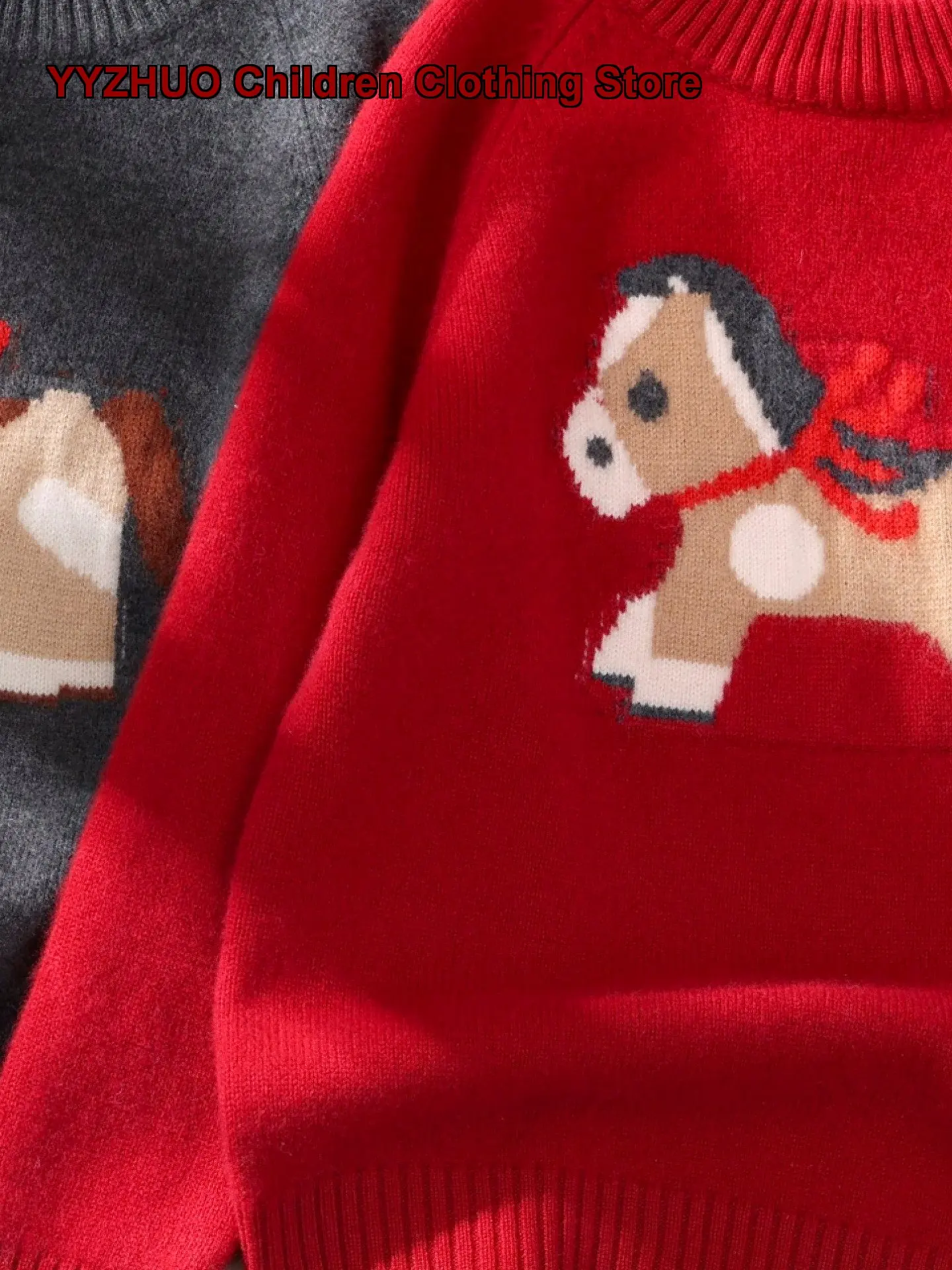 Kids Pullover Sweater Boys Girls Cartoon Pony Print Autumn Winter Knit Top Thickened Solid Color