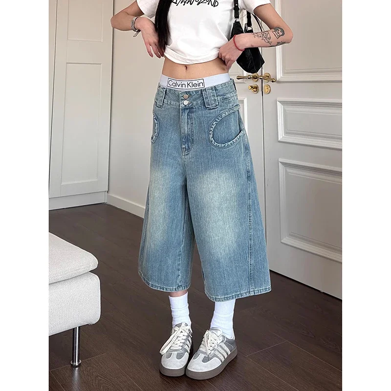 Vaqueros Cargo azules Vintage Y2k de los años 90 para mujer, pantalones cortos holgados de gran tamaño Harajuku, ropa de calle, Capris Retro americano