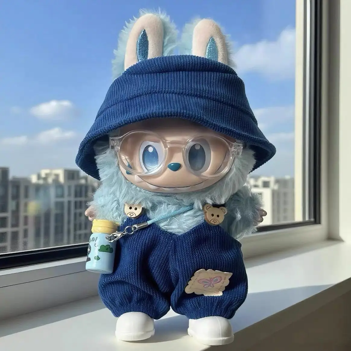 

Azure Holiday Labubu Clothes Set 17cm 1st-3rd Gen Fisherman Hat Overalls Boots Glasses Nautical Hanging Costume