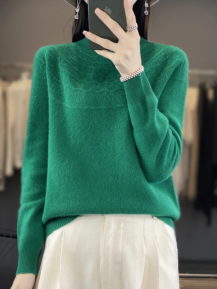 Women Cashmere Sweater 100% Merino Wool Knitted Pullover  Autumn Winter  Mock Neck Hollow  Solid Color Knitwear Soft Casual Top