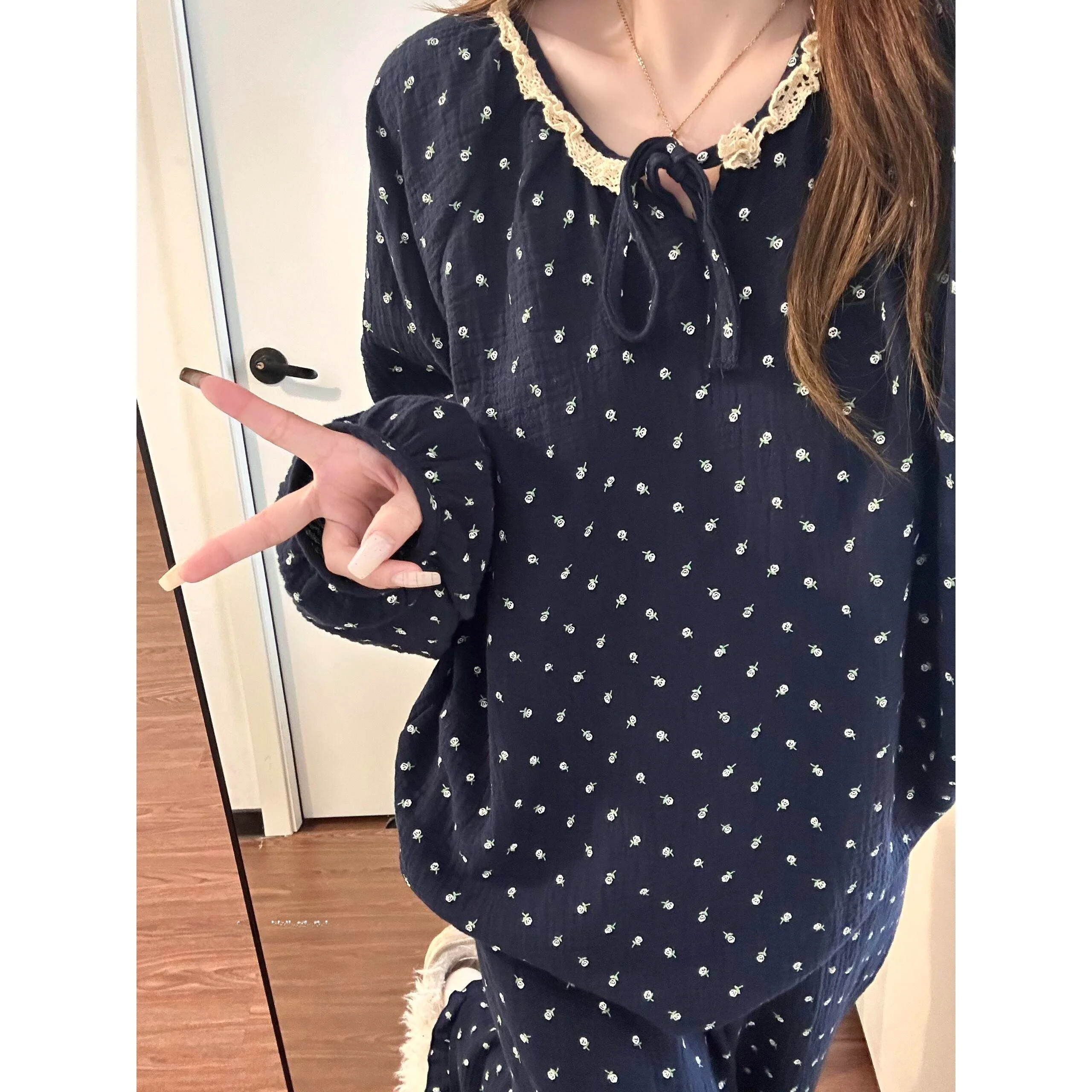 

2026 New Sweet Floral Lace Trim Sleepwear Women's Spring Autumn Cloud Cotton Long Sleeve Long Pants Home Clothes Set