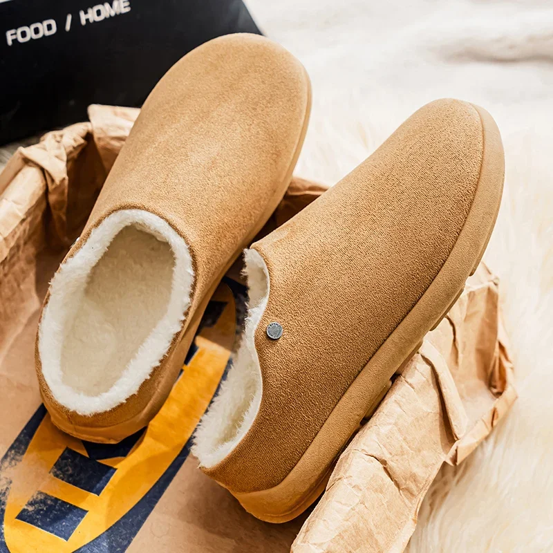 Winter Warme Pelz Männer Baumwolle Casual Schuhe Bequeme Herren Hause Hausschuhe Halbe Faulenzer Schnee Schuhe mit Pelz Slip-on licht Flache Schuhe