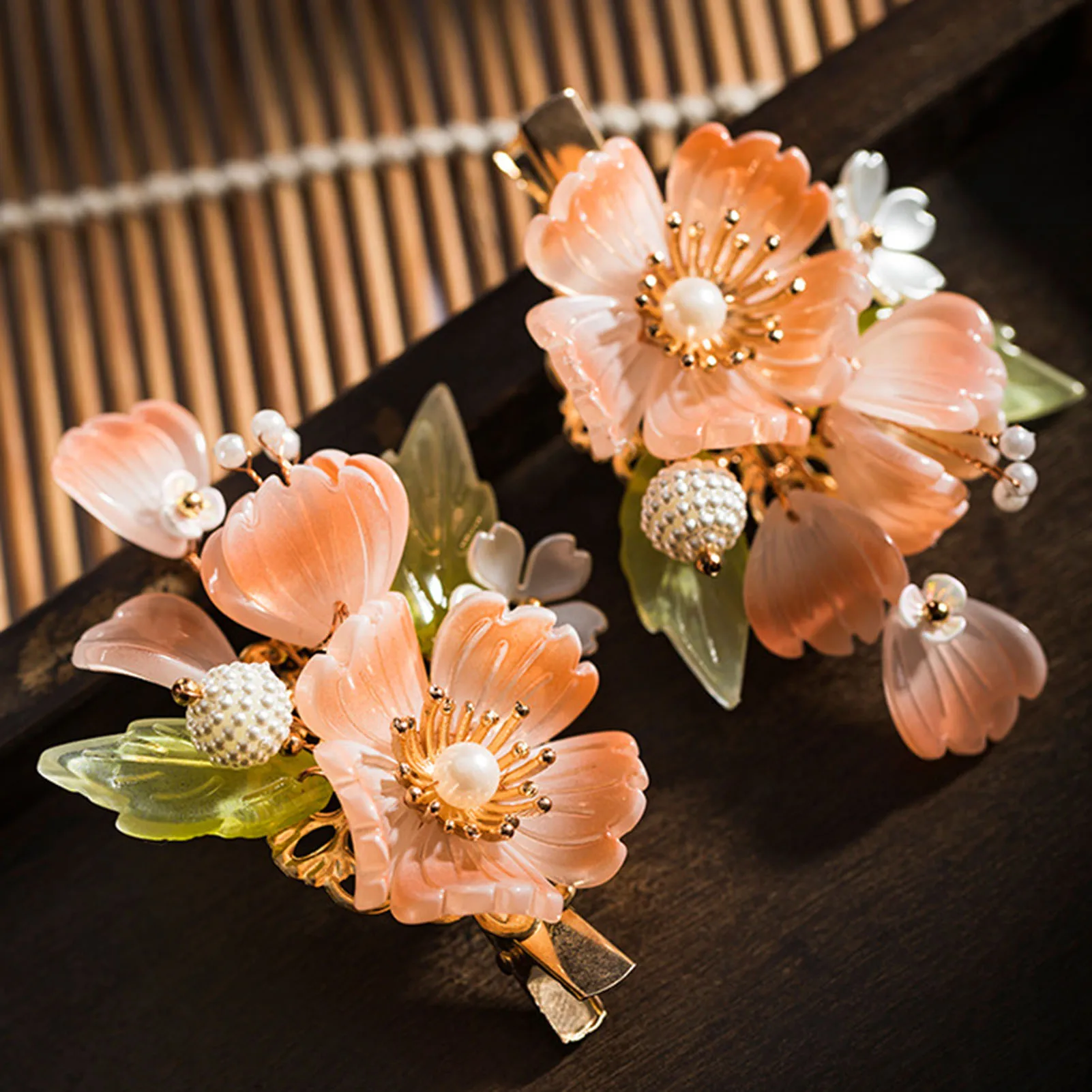 Girls Retro Haie Clip 2pcs Pearl Hairpin Chinese Coral Flower Headdress For Hanfu Dress Vintage Alloy Pink Floral Hair Jewelry