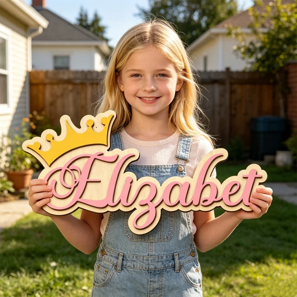 Personalized Crown Wooden Name Sign,Custom Double‑Layer Wood Name Plaque, Baby Name Wall Decor for Nursery Bedroom Birthday Gift