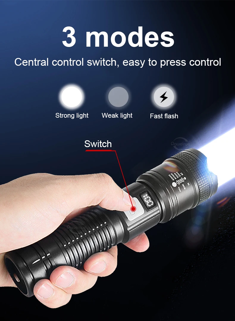 2000000LM Ultra-High Power Flashlight Digital Electronic Display Waterproof Torch Zoom Hand Light Outdoor Camping Lantern