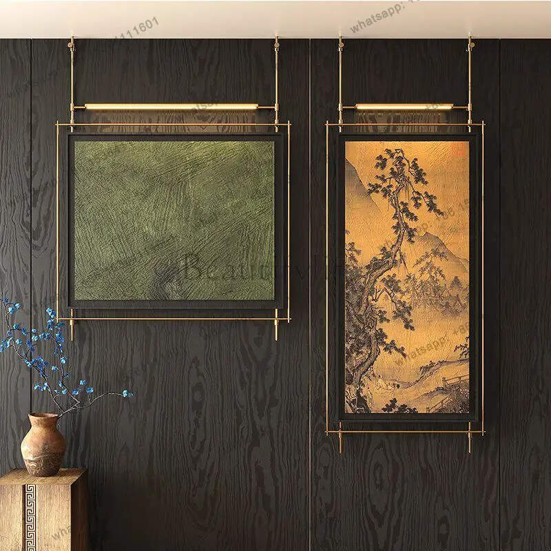 New Chinese high-end decorative paintings wall hanging club with lights metal pole hanging paintings