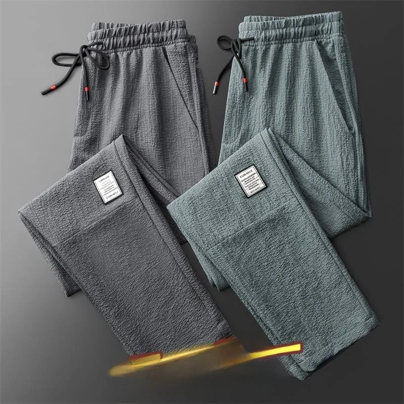 

Ice Silk Loose Fit Summer Thin Straight Leg Casual Pants Elastic Sports Trousers for Men Youth Faionable Bla Long Pants