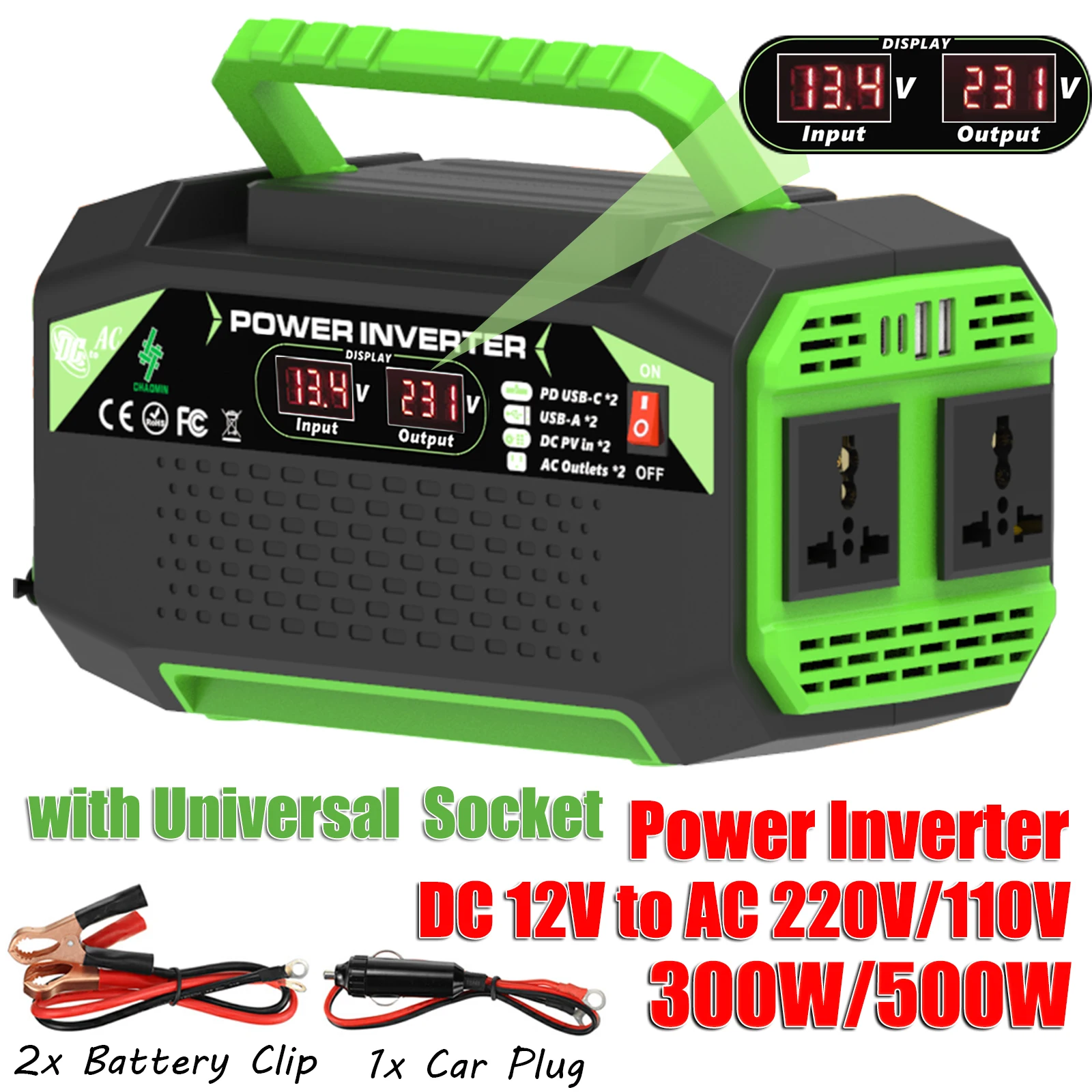 

power inverter 500W , DC 12V to AC 110V/220V with USB, Type-C port, voltage converter, suitable for laptop, outdoor use