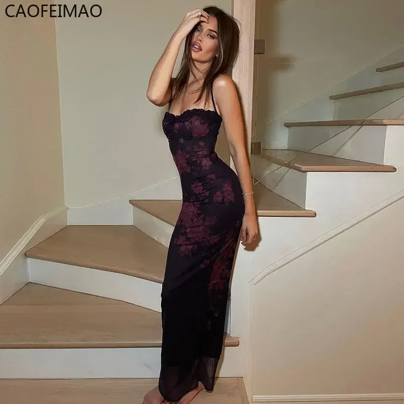 

Платье. 2025 Floral Print Maxi Prom Dress Sexy Mesh Celebrity Evening Party Dresses Bodycon Spaghetti Strap Summer Women Dresses