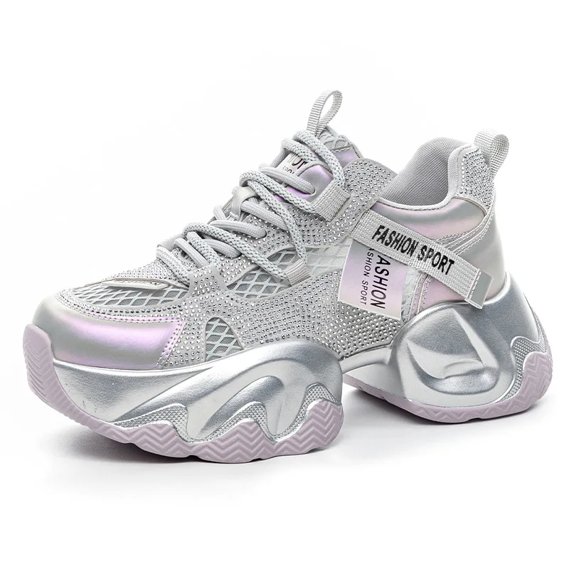 2026 Womens Rhinestone Mesh Dad Sneakers Breathable Chunky Platform Casual Walking Shoes Summer Thick Sole Fashion Trainers
