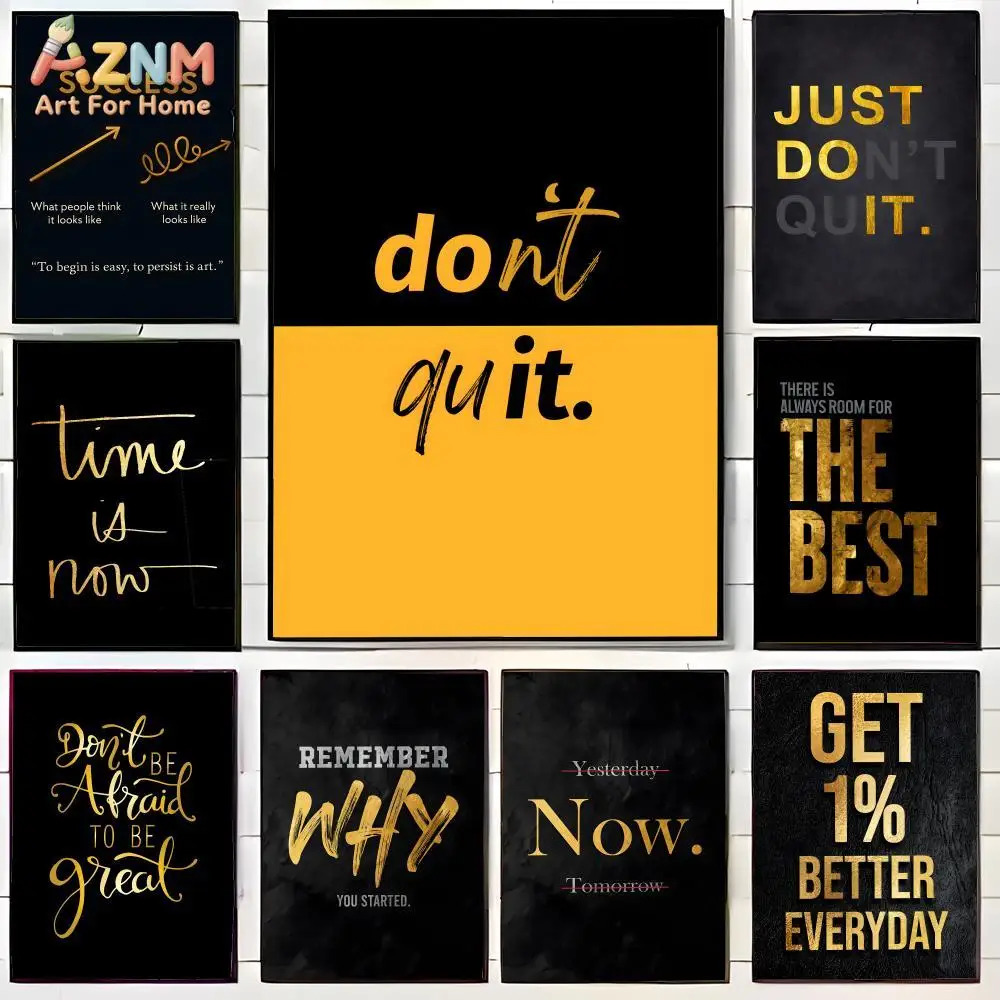 AZNM Motivational Success Quotes Frameless Canvas Wall Art, Inspirational Gold Typography Print, Office Home Decor, Unframed Pai