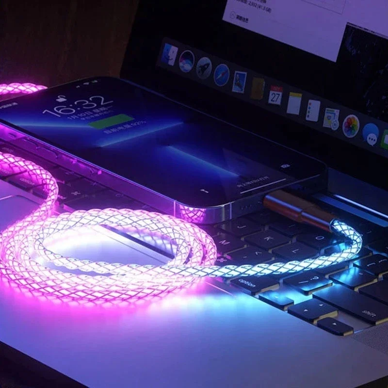 Cable USB Tipo C de Carga Rápida RGB de 66 W y 6 A, Cable Luminoso con Flujo de Color para Samsung, Xiaomi, Redmi, Huawei - Accesorio de Carga