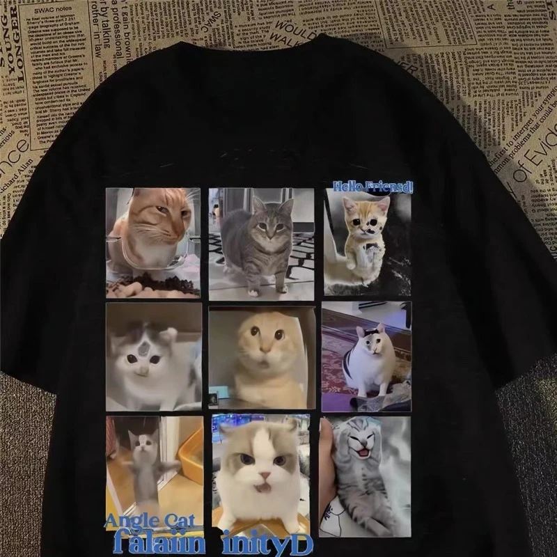 

New Cute Cat Summer Men's Women's T-Shirt Spring and Autumn Couple Personality Trend Loose Casual Short Sleeve Topp