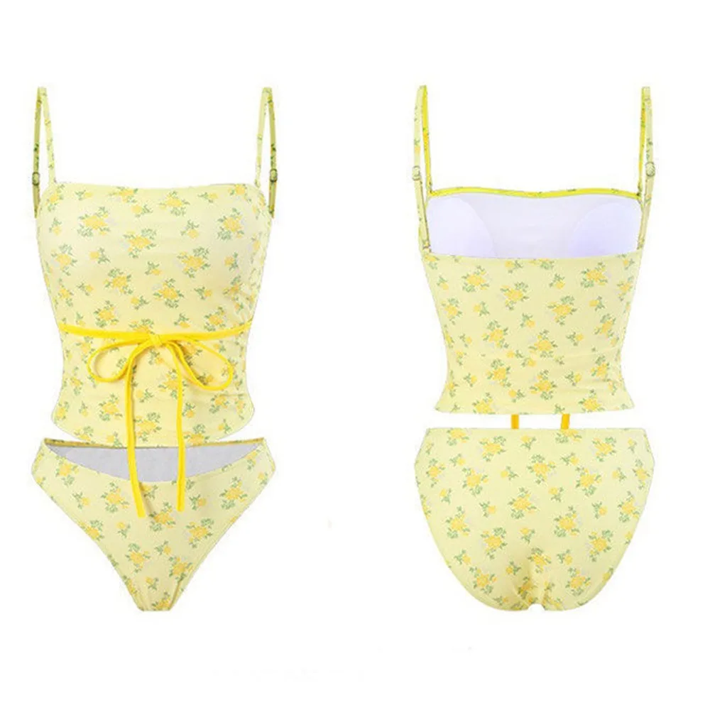 

Желтый комплект бикини с открытой спиной и цветочным принтом, пляжный купальный костюм, Быстросохнущий женский купальник для бассейна